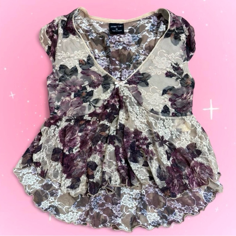 Sweet 2000s Lace Sheer Cami Top Floral Fairycore Size Medium